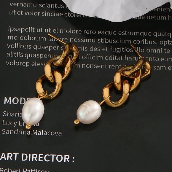 Fresh Water Pearl‎ Gold Chain Drop Earrings 18K Gold Plated Stainless Steel - Picture 11 of 13